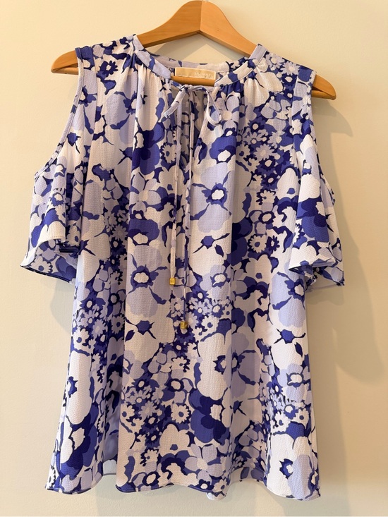 Michael Kors Tops - Michael Kors White and Blue Floral Cold-Shoulder Blouse